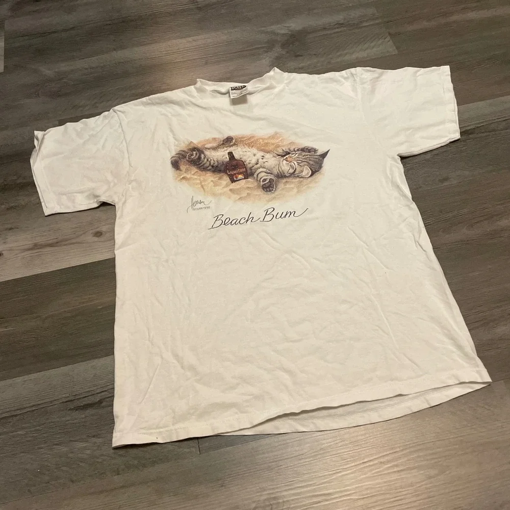 Vintage Tultex Bob Harrison Beach Bum Cat T-Shirt White XL 90s Copurrtone Tabby - Picture 1 of 5